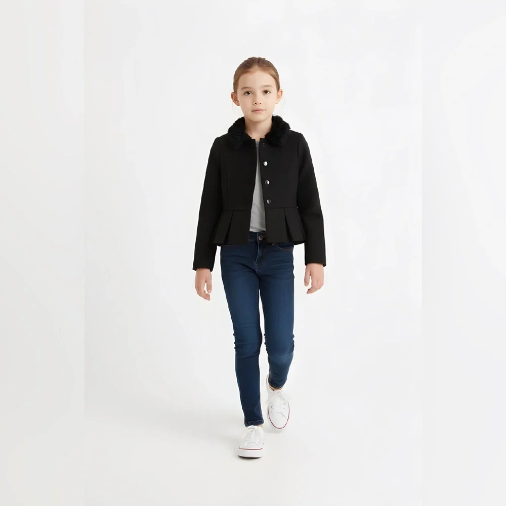 Kids Black Jacket with Faux Fur Collar